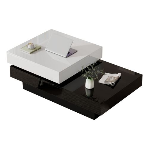 Table Basse Salon Moderne, Plateau Rotatif Double Niveau, Mdf, Blanc/noir.