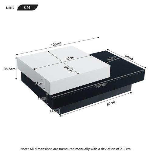 Table Basse Salon Moderne, Plateau Rotatif Double Niveau, Mdf, Blanc/noir.