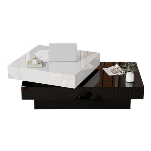 Table Basse Salon Moderne, Plateau Rotatif Double Niveau, Mdf, Blanc/noir.