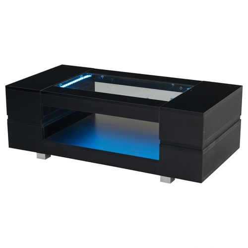 Table Basse Salon Élégante, LED, Bluetooth, Double Plateau, Mdf + Verre Trempé, Noir.