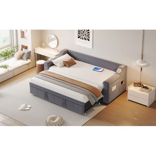 Lit Gigogne 90x190 Cm - Rangement Sous Le Lit Et Haut-parleur Bluetooth, Port USB, Velours Gris