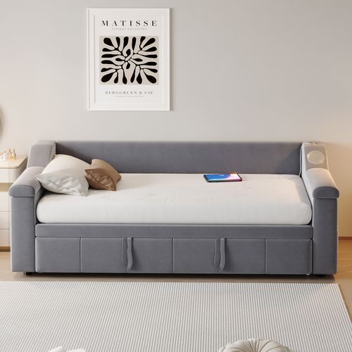 Lit Gigogne 90x190 Cm - Rangement Sous Le Lit Et Haut-parleur Bluetooth, Port USB, Velours Gris