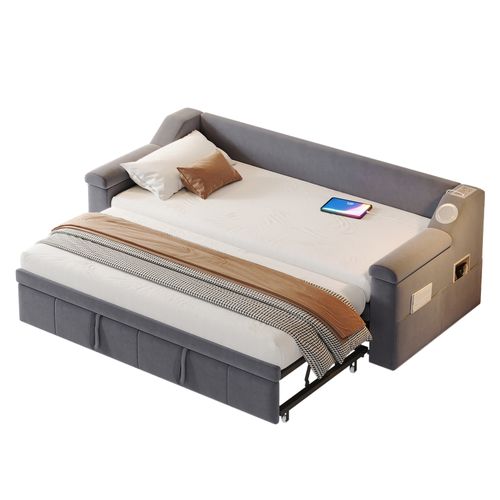 Lit Gigogne 90x190 Cm - Rangement Sous Le Lit Et Haut-parleur Bluetooth, Port USB, Velours Gris