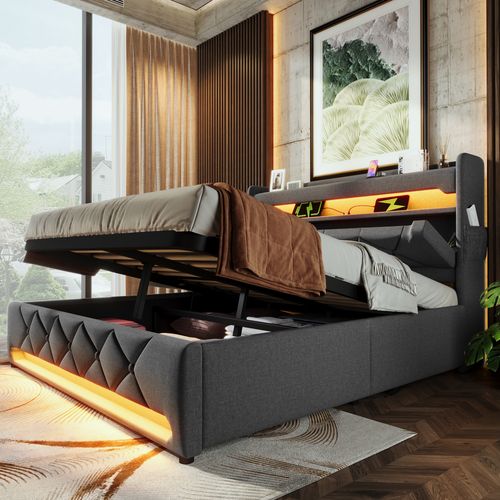 Lit Coffre 140x200 Cm Double Capitonné Moderne Avec LED, USB Type-c, Revêtement Lin Gris