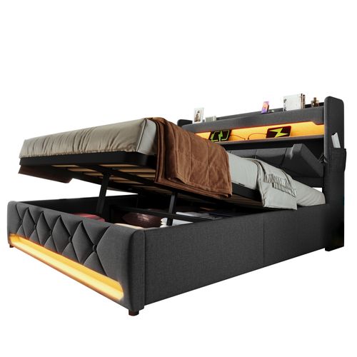 Lit Coffre 140x200 Cm Double Capitonné Moderne Avec LED, USB Type-c, Revêtement Lin Gris