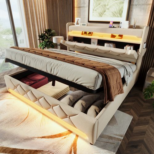 Lit Coffre 160x200 Cm Double Capitonné Moderne Avec LED, USB Type-c, Revêtement Lin Beige