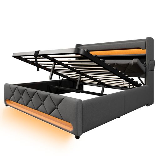 Lit Coffre 180x200 Cm Double Capitonné Moderne Avec LED, USB Type-c, Revêtement Lin Gris