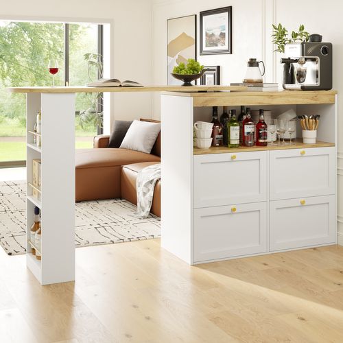 Table Bar Moderne Pivotante 360° - Meuble Bar Avec 4 Tiroirs, Étagères Ouvertes, Mdf Blanc