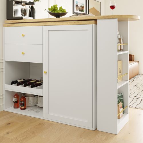 Table Bar Pivotant 360°, Porte Coulissante, 2 Tiroirs Et Étagères Ouvertes, Meuble Bar Mdf, Blanc