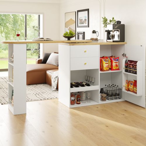 Table Bar Pivotant 360°, Porte Coulissante, 2 Tiroirs Et Étagères Ouvertes, Meuble Bar Mdf, Blanc