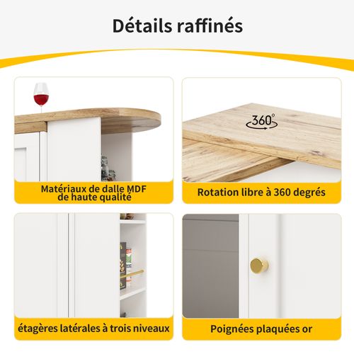 Table Bar Pivotant 360°, Porte Coulissante, 2 Tiroirs Et Étagères Ouvertes, Meuble Bar Mdf, Blanc
