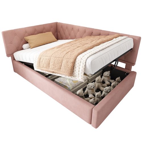 Lit Coffre 90x200 Cm - Lit Simple Avec Grand Coffre De Rangement, Revêtement Velours Rose Élégant,