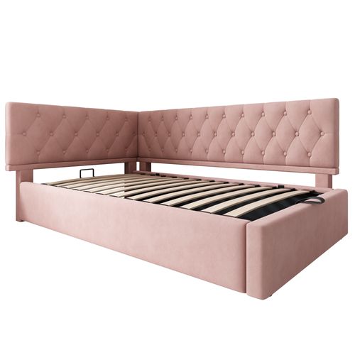 Lit Coffre 90x200 Cm - Lit Simple Avec Grand Coffre De Rangement, Revêtement Velours Rose Élégant,