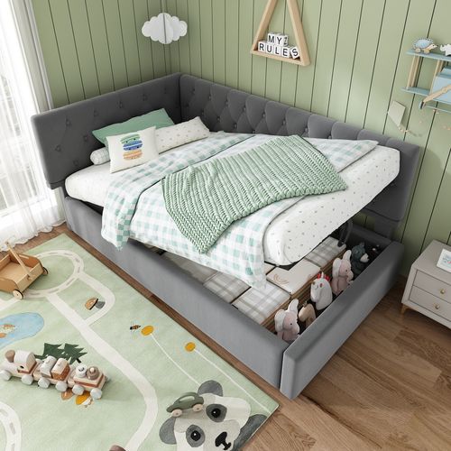 Lit Coffre 90x200 Cm - Lit Simple Avec Rangement, Dossier Rembourré, Velours Gris