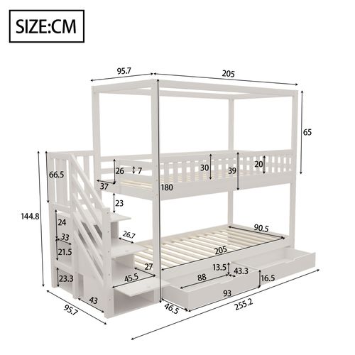 Lit Superposé 90x200 cm Enfant Cabane Avec Échelle Et Rangement, Bois Sécurisé, Blanc