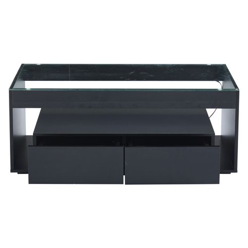 Table Basse Moderne Avec LED, Rangements Intégrés, Double Plateau Mdf/verre Trempé Noir