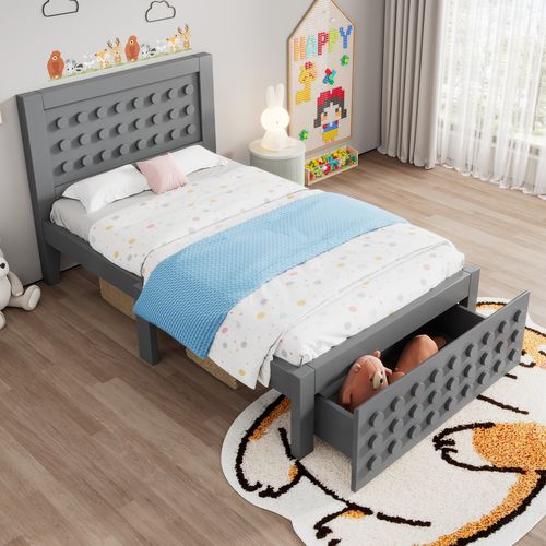 Lit Avec Rangement 90x200 Cm Simple Avec Tiroirs Intégrés, Design Créatif, Mdf Et Bois, Gris