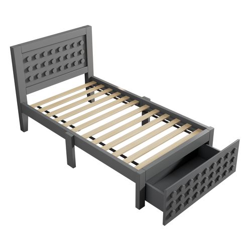 Lit Avec Rangement 90x200 Cm Simple Avec Tiroirs Intégrés, Design Créatif, Mdf Et Bois, Gris