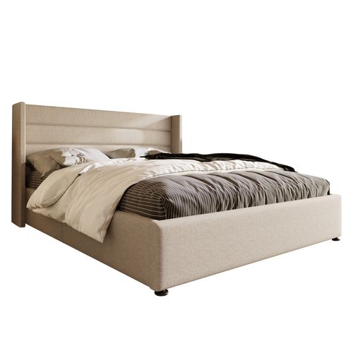 Lit Coffre 180 X 200 Cm - Lit Double Avec Grand De Rangement - Structure En Lin Et Métal - Beige
