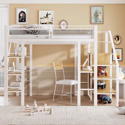Lit Mezzanine 140x200 Enfant/ado Avec Bureau, Armoire Et Étagères, Métal Et Bois, Blanc