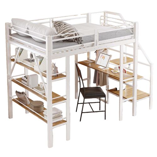 Lit Mezzanine 140x200 Enfant/ado Avec Bureau, Armoire Et Étagères, Métal Et Bois, Blanc