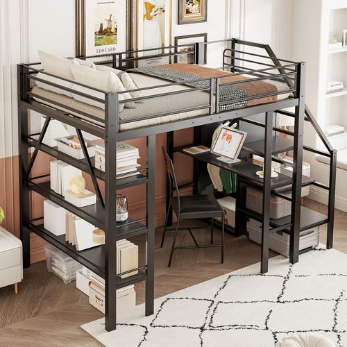 Lit Mezzanine 140x200 Enfant/ado Avec Bureau, Armoire Et Étagères, Métal Et Bois, Noir