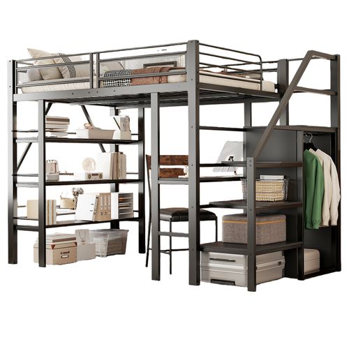 Lit Mezzanine 140x200 Enfant/ado Avec Bureau, Armoire Et Étagères, Métal Et Bois, Noir