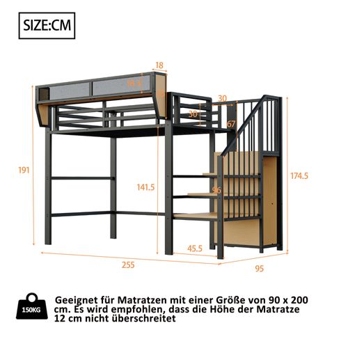 Lit Mezzanine Métal 90x200 Cm Enfant/adolescent - Échelle De Sécurité Avec Rangement Intégré, Noir