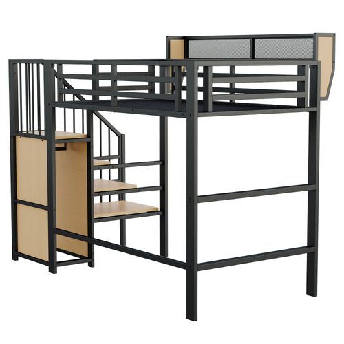 Lit Mezzanine Métal 90x200 Cm Enfant/adolescent - Échelle De Sécurité Avec Rangement Intégré, Noir