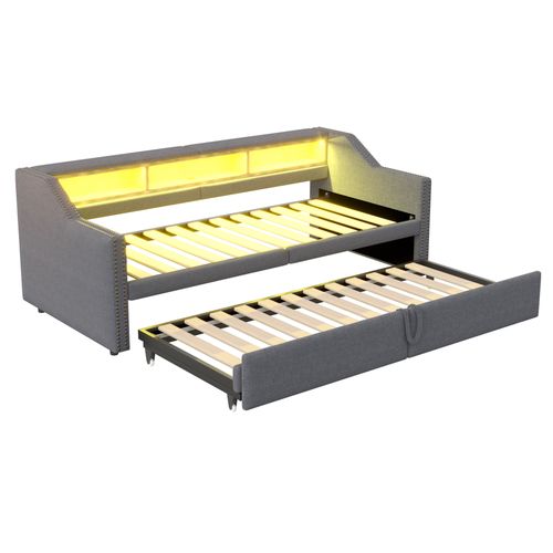 Lit Gigogne 90/180x200 Cm - Extensible Avec LED Et Port USB, Revêtement En Lin, Gris Foncé