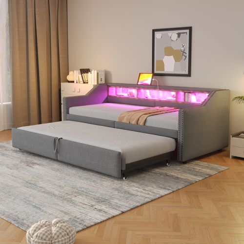 Lit Gigogne 90/180×200 Cm Avec Rangement, LED Et USB – Tissu Lin Et Mdf, Gris Clair