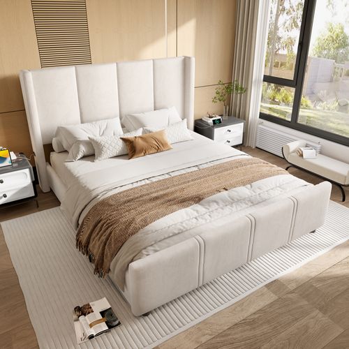 Lit Double 160x200 Cm - Lit Rembourré Adulte Avec Tête De Lit Haute Et USB, Velours, Beige