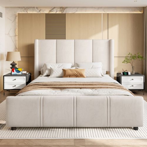 Lit Double 160x200 Cm - Lit Rembourré Adulte Avec Tête De Lit Haute Et USB, Velours, Beige