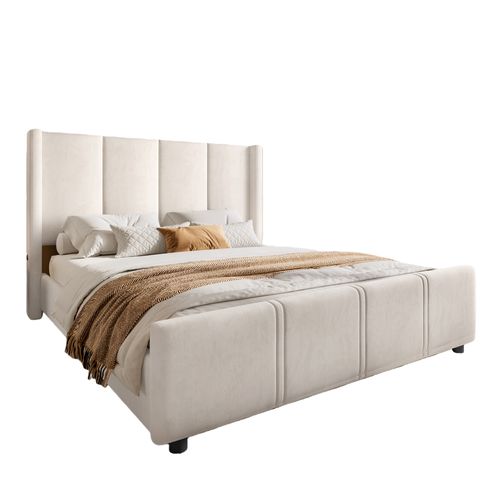 Lit Double 160x200 Cm - Lit Rembourré Adulte Avec Tête De Lit Haute Et USB, Velours, Beige