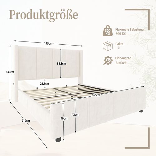 Lit Double 160x200 Cm - Lit Rembourré Adulte Avec Tête De Lit Haute Et USB, Velours, Beige
