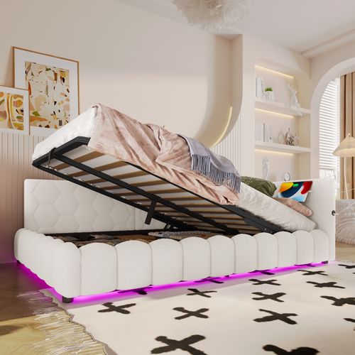 Lit Coffre 140x200 Cm Double Avec Sommier, Coffre, LED, USB/type-c, Tissu Imitation Polaire Blanc