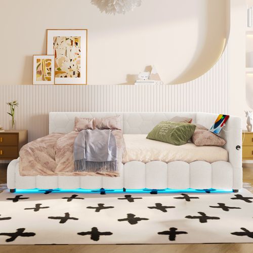 Lit Coffre 140x200 Cm Double Avec Sommier, Coffre, LED, USB/type-c, Tissu Imitation Polaire Blanc