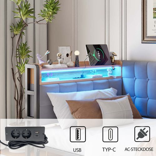 Lit Banquette 90x200 Cm - Lit Simple Avec 2 Tiroirs Et Bande LED, Port USB Et Type-c, Gris Clair