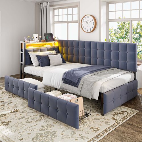 Lit Banquette 90x200 Cm - Lit Simple Avec 2 Tiroirs Et Port USB, Velours Et Bois, Gris Foncé