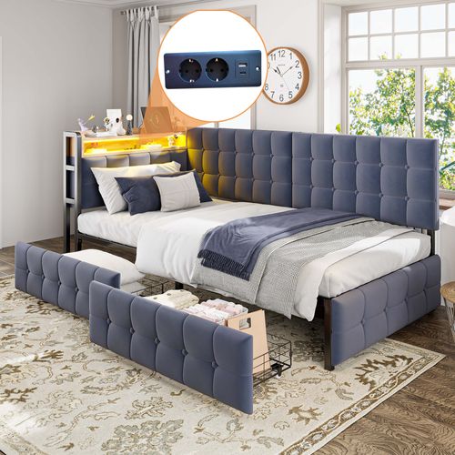 Lit Banquette 90x200 Cm - Lit Simple Avec 2 Tiroirs Et Port USB, Velours Et Bois, Gris Foncé