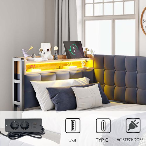 Lit Banquette 90x200 Cm - Lit Simple Avec 2 Tiroirs Et Port USB, Velours Et Bois, Gris Foncé