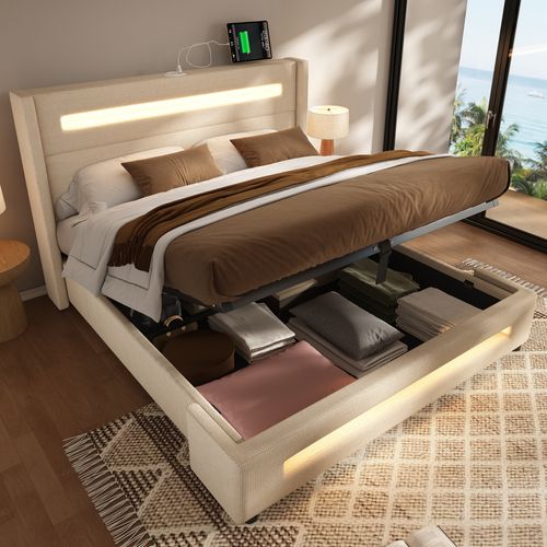 Lit Coffre 160x200 Cm Avec Rangement Hydraulique - Tête De Lit Rembourrée Velours Beige - Éclairage LED Intégré - Sommier à Lattes Inclus - Charge 300 Kg