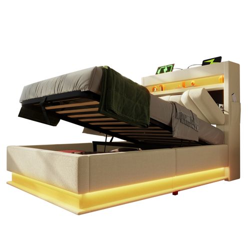 Lit Coffre 90x200 Cm Simple Capitonné Moderne Avec LED, USB Type-c, Tête De Lit, Tissu Lin Beige