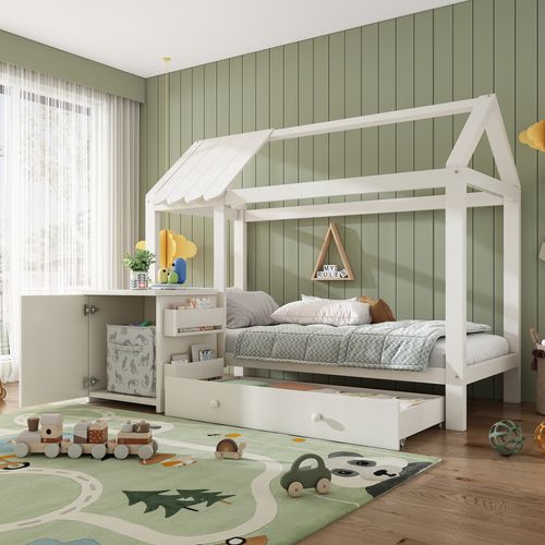Lit Enfant 90x200 cm Cabane Avec Chevet Et Grand Tiroir, Bois, Style Maison, Blanc