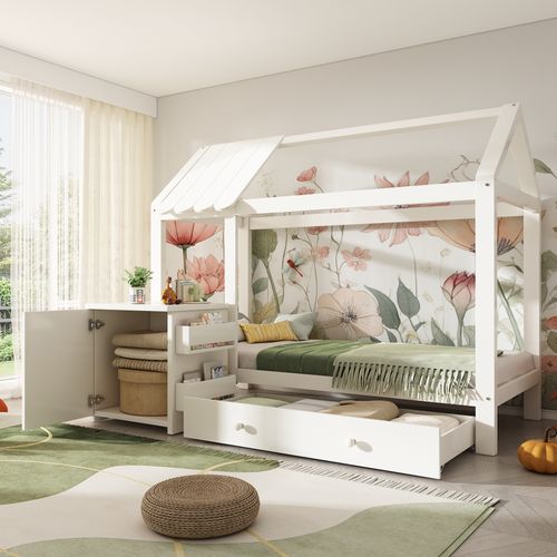 Lit Enfant 90x200 cm Cabane Avec Chevet Et Grand Tiroir, Bois, Style Maison, Blanc