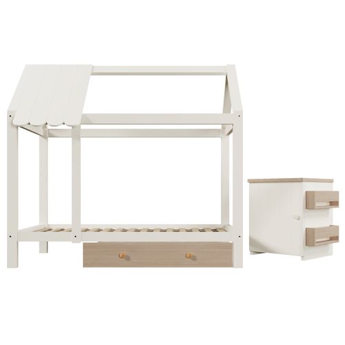 Lit Enfant 90x200 cm Cabane Avec Tiroirs De Rangement Et Table De Chevet, Bois, Blanc/chêne
