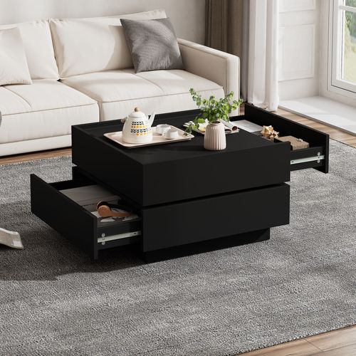 Table Basse Moderne - Meubles De Salon Avec Plateau Pivotant 360° Et Double Rangement, Mdf Noir