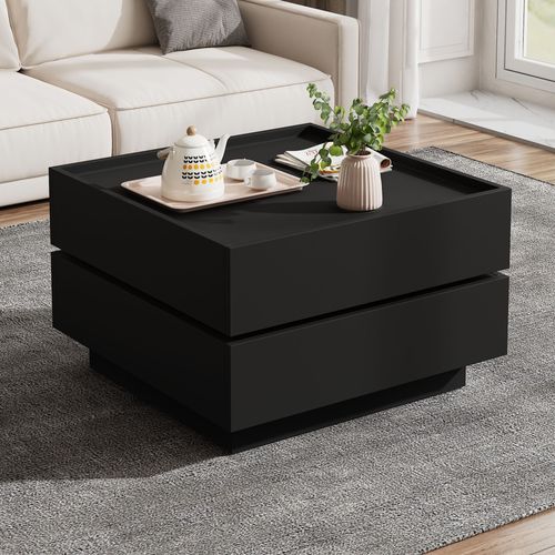 Table Basse Moderne - Meubles De Salon Avec Plateau Pivotant 360° Et Double Rangement, Mdf Noir