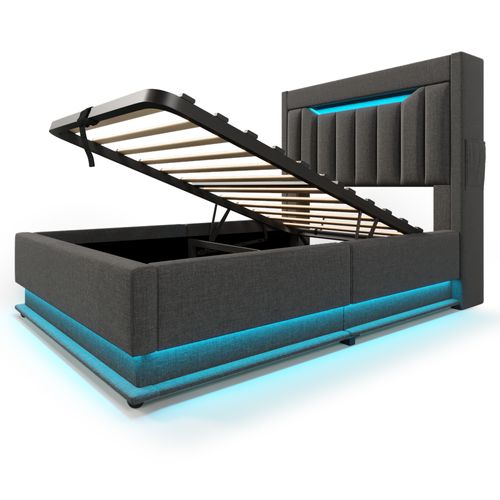 Lit Coffre 90x200 Cm Simple Capitonné Moderne Avec LED, USB Type-c, Tête De Lit Ado, Tissu Lin Gris