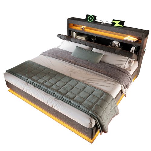 Lit Coffre 160x200 Cm Double Capitonné Moderne Avec Coffre, LED, USB Type-c, Revêtement Lin Gris